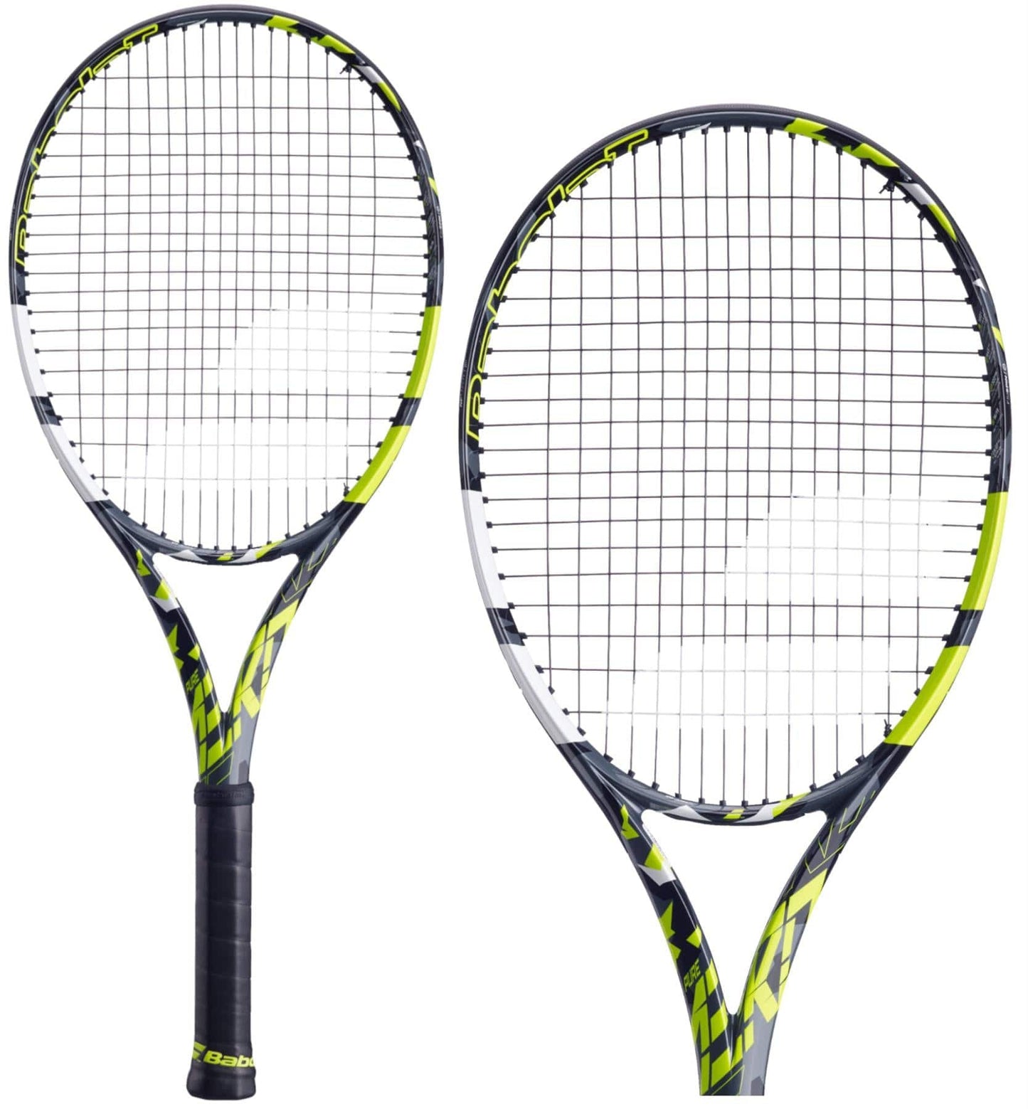 Two Babolat Pure Aero + 2023 tennis rackets in a sleek grey and yellow design are displayed. These spin-focused rackets come with a patterned grip and strung head. One racket is positioned at an angle, and the other is shown more front-facing.