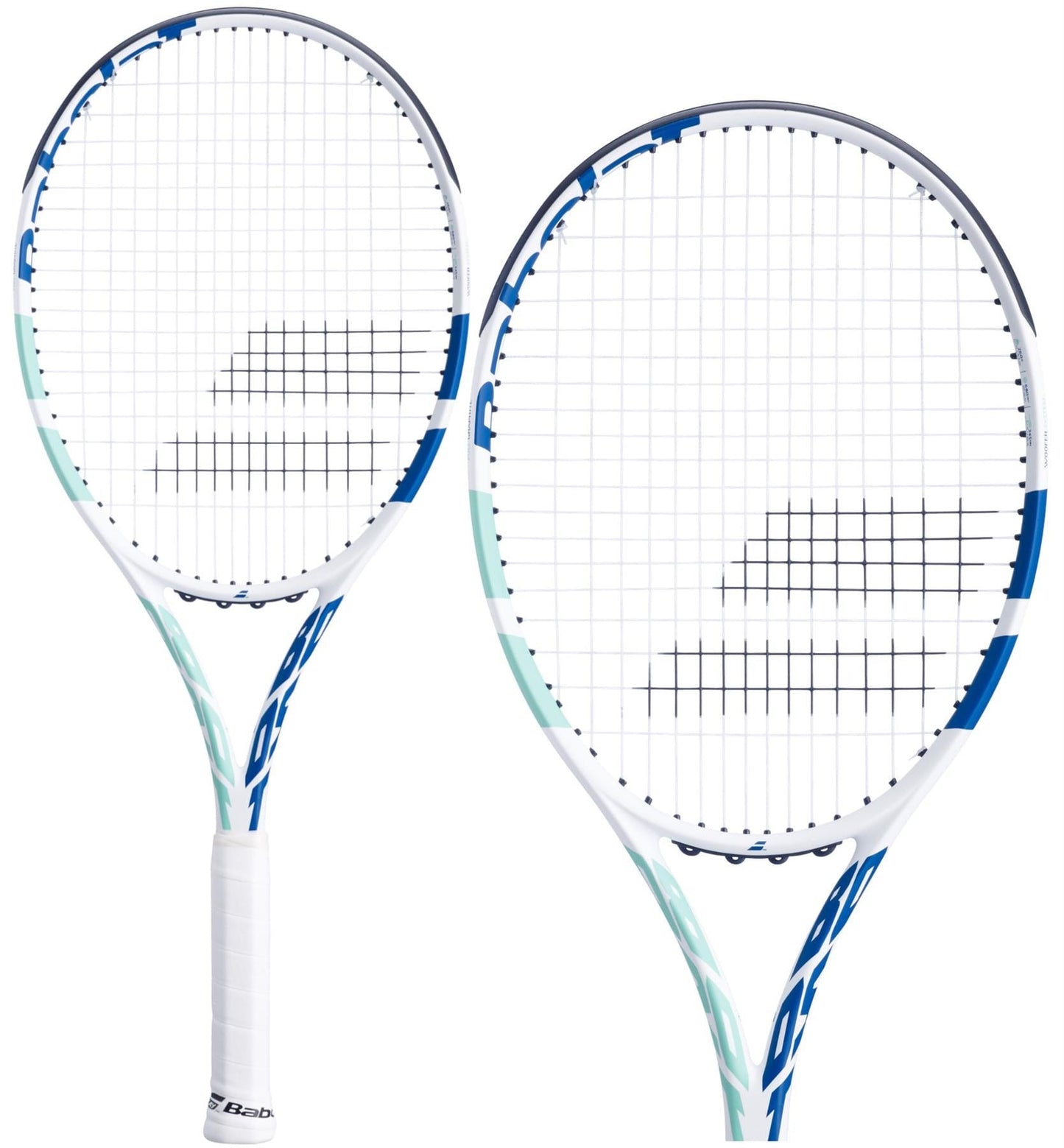 Two Babolat Boost Drive W 260g tennis rackets, showcasing the brand's logo on the strings, are presented against a white background. These lightweight rackets, constructed with full graphite, provide enhanced performance and feature grips wrapped in pristine white tape. Ideal for players looking to elevate their game.