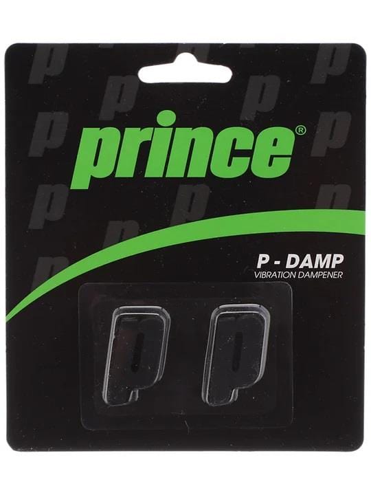 The packaging of the Prince P-Damp Vibration Dampener - Black contains two dampeners, one black and one transparent, both shaped like the letter "P." Set against a black background with a repeating "P" pattern, the brand name "Prince" appears in green text at the top. These dampeners enhance comfort by minimizing string vibration.