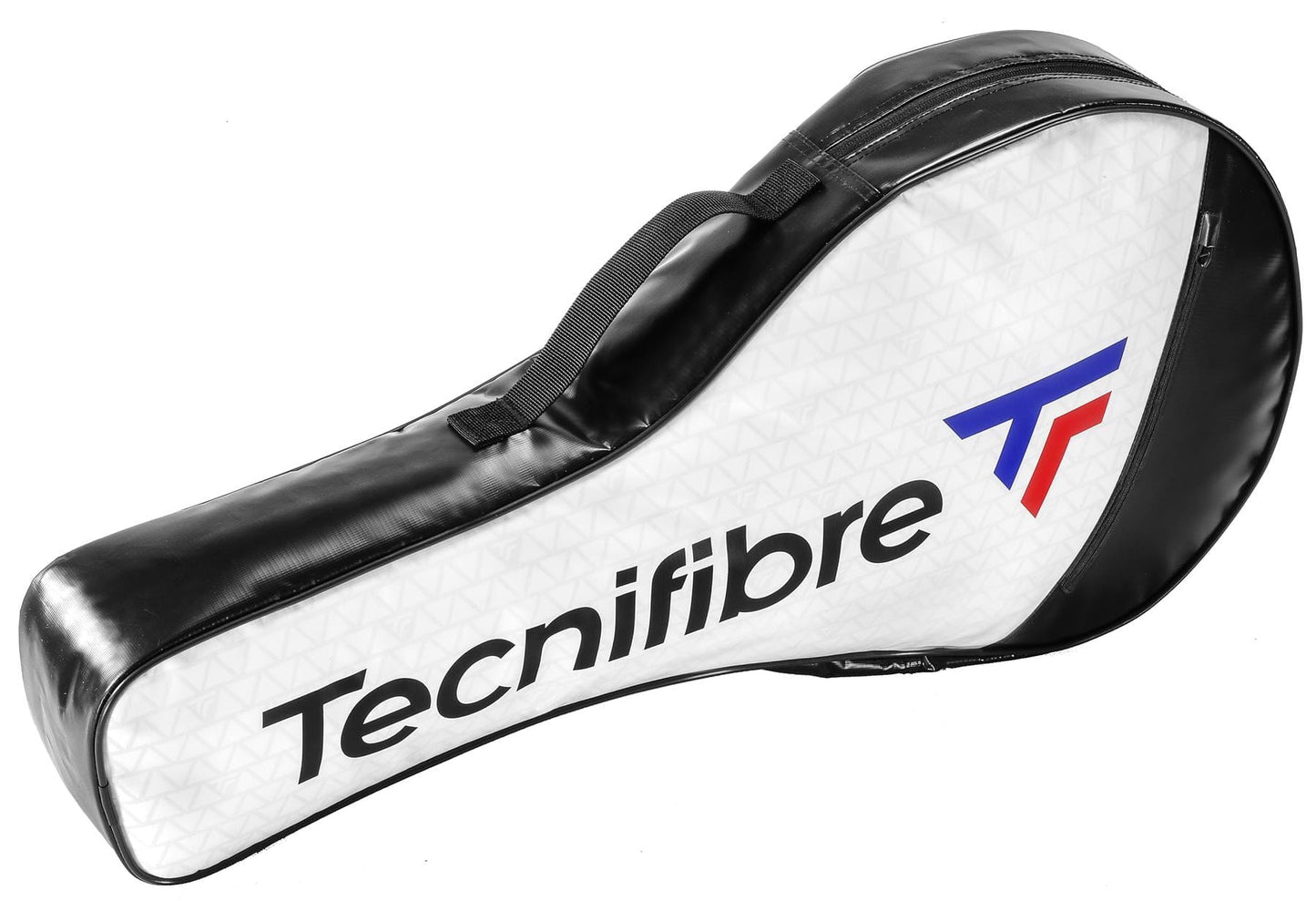 The Tecnifibre Tour Endurance RS 4R Tennis Racket Bag in white and black showcases a modern aesthetic with the brand's logo in blue and accented by red. It is designed for easy carrying with a handle and equipped with thermocollated zips to provide durability and secure storage.