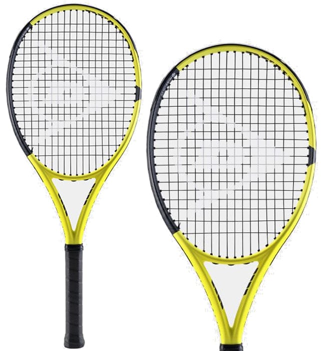 Two Dunlop SX Team 280g tennis rackets in yellow and black are displayed against a white background. Highlighted by AEROSKIN technology, the rackets feature a white inner section with a prominent logo and black grips on the handles. The strings are intricately woven for optimal performance.