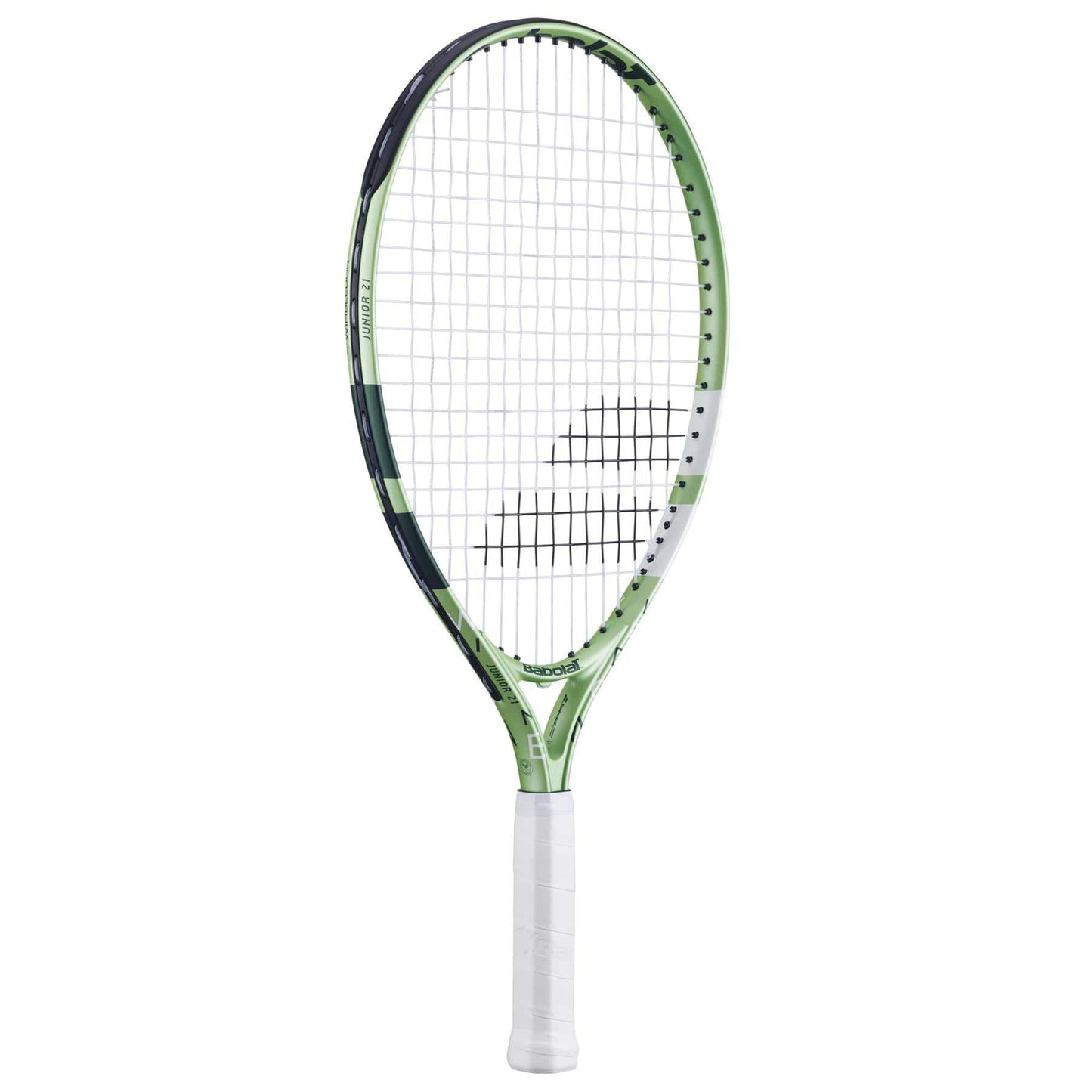 The Babolat Junior 21 Wimbledon 2025 Tennis Racket - Champagne Green features a white grip, black strings with a bold black logo, modern design, and lightweight aluminum frame for easy handling.