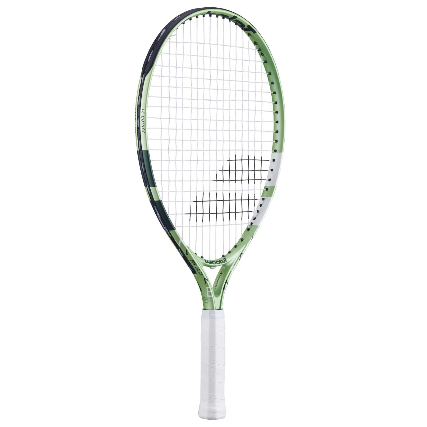 The Babolat Junior 21 Wimbledon 2025 Tennis Racket - Champagne Green features a white grip, black strings with a bold black logo, modern design, and lightweight aluminum frame for easy handling.