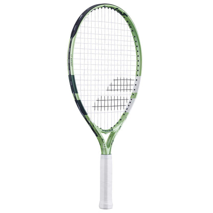 The Babolat Junior 21 Wimbledon 2025 Tennis Racket - Champagne Green features a white grip, black strings with a bold black logo, modern design, and lightweight aluminum frame for easy handling.