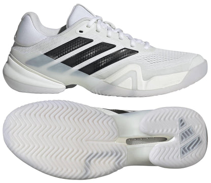 The adidas Barricade 14 Men's Tennis Shoes in white are shown from the side (top) and bottom (bottom), highlighting the sole’s textured pattern and translucent midsole—premium tennis court footwear.