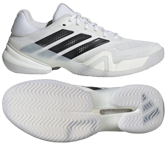 The adidas Barricade 14 Men's Tennis Shoes in white are shown from the side (top) and bottom (bottom), highlighting the sole’s textured pattern and translucent midsole—premium tennis court footwear.