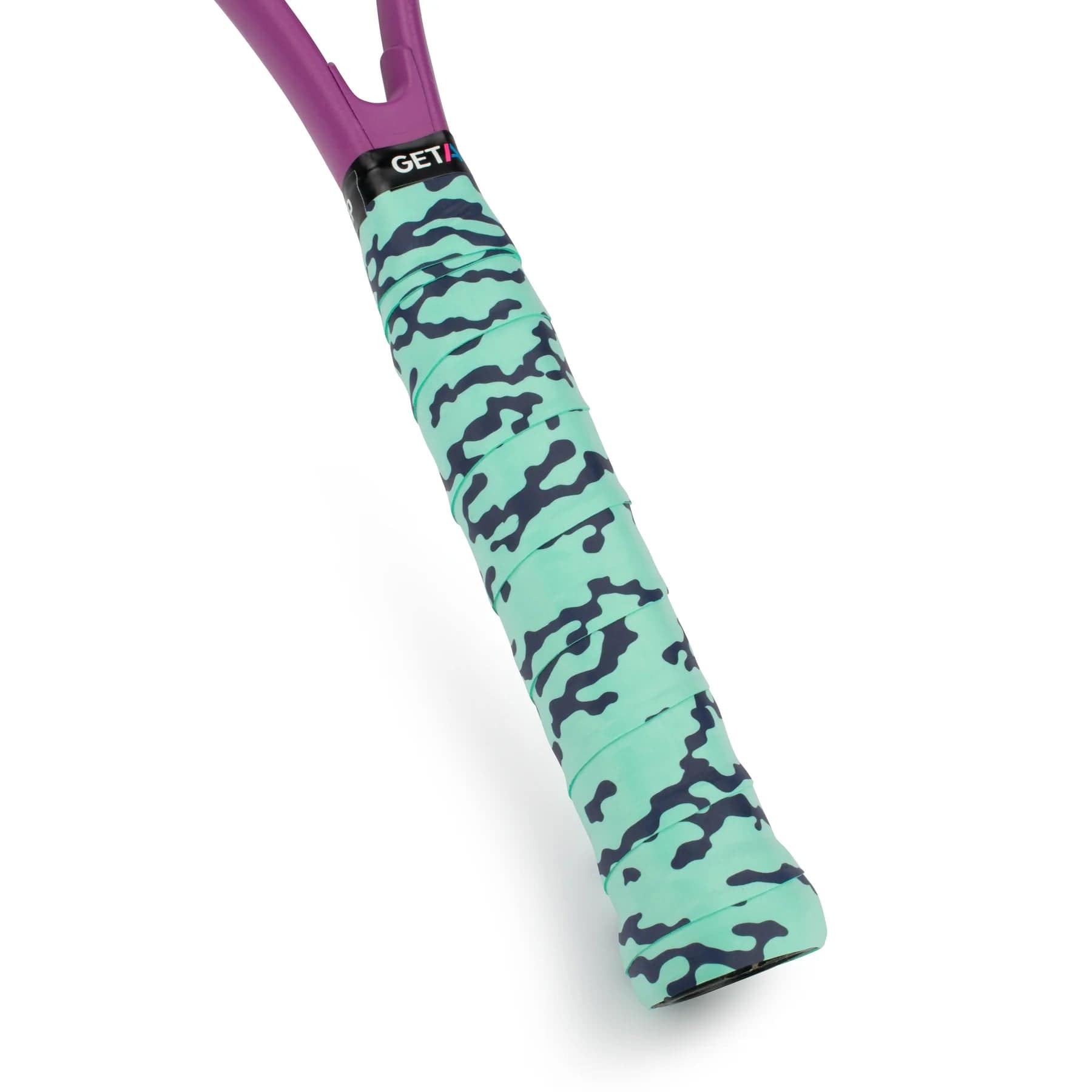 A tennis racquet handle with the Get A Grip Liquid Motion Tennis Overgrip in green, featuring a premium non-slip material with teal and black camouflage patterning. The frame above the grip is purple.