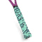 A tennis racquet handle with the Get A Grip Liquid Motion Tennis Overgrip in green, featuring a premium non-slip material with teal and black camouflage patterning. The frame above the grip is purple.