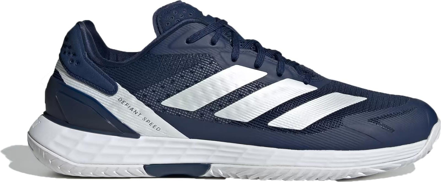 The adidas Defiant Speed 2 Men’s Tennis Shoes in Dark Blue/Zero Metallic/Cloud White feature a lightweight, modern design with mesh details and "DEFYANT SPEED" near the heel—perfect for men’s tennis shoe enthusiasts.