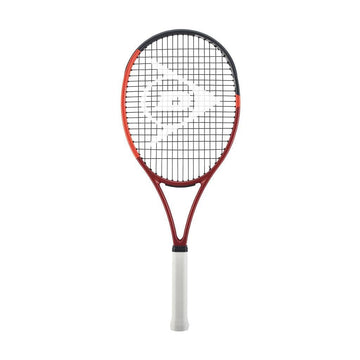 The Dunlop CX 200 OS 2024 Tennis Racket - Red showcases a vibrant red frame along with black strings featuring a geometric pattern and is completed with a comfortable white grip. Ideal for intermediate players, it looks pristine against a plain white background.