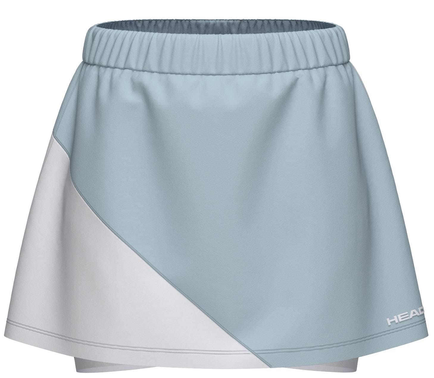 The HEAD Dynamic Womens Tennis Skort in light blue and white features a diagonal color block design, elastic waistband, 4-way stretch fabric for comfort, and a white "HEAD" logo on the bottom right corner.