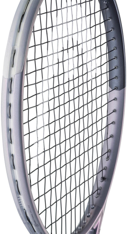 Close-up of the HEAD Squared Tennis Racket by HEAD, highlighting its strings and angled frame against a white background. Features innovative dual-tube technology for enhanced performance.