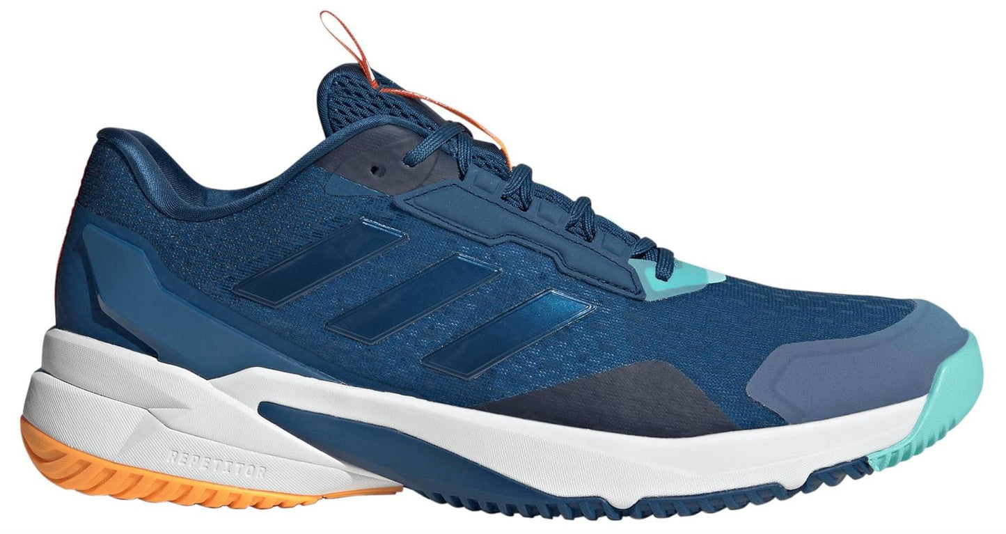 The adidas Crazyflight 6 Men's Indoor Tennis Shoes in navy feature light blue accents, an orange heel, a white midsole, textured outsole, and three dark blue stripes—ideal for dynamic play on indoor courts.