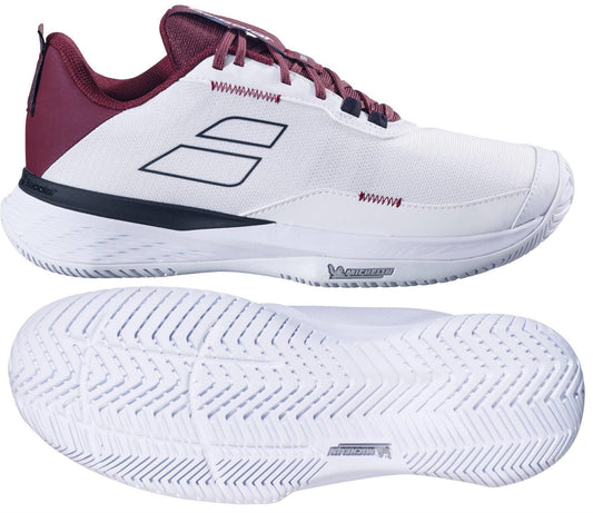 The Babolat SFX Evo Men's Tennis Shoes in white and burgundy feature a textured sole for grip, Ortholite insoles for comfort, sleek black accents, and logo details—shown from the side and bottom.