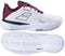 The Babolat SFX Evo Men's Tennis Shoes in white and burgundy feature a textured sole for grip, Ortholite insoles for comfort, sleek black accents, and logo details—shown from the side and bottom.