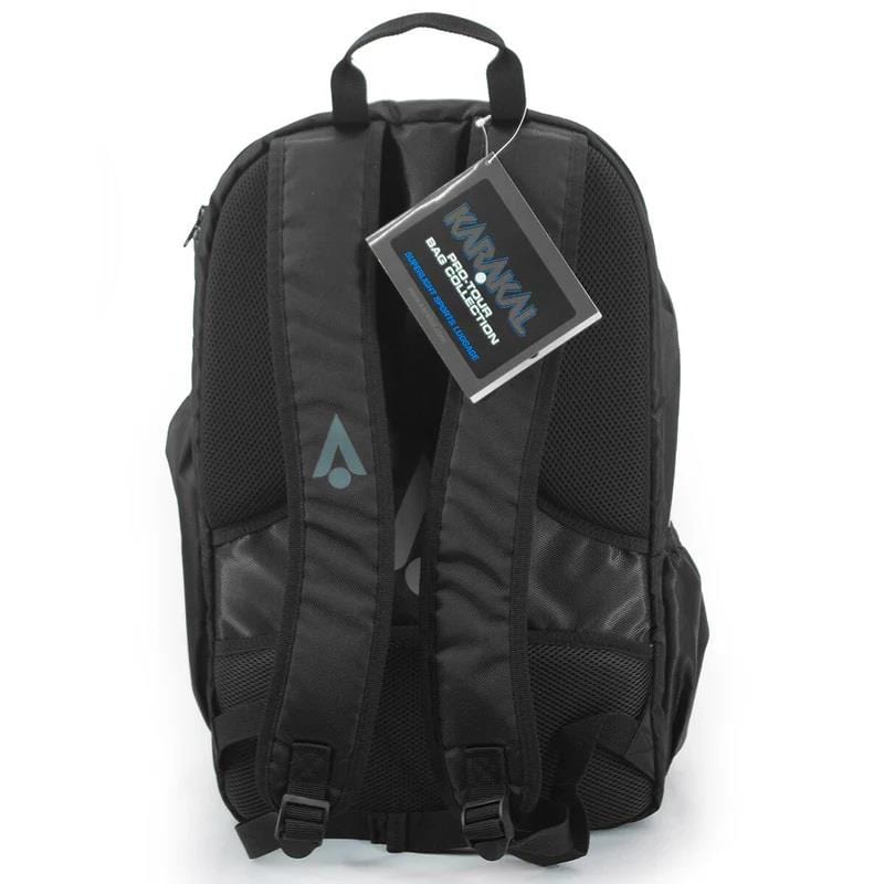 The Karakal Pro Tour 30 2.1 Tennis Backpack in Black/Blue, from the brand Karakal, is displayed from the back to showcase its padded shoulder straps and robust handle. It features a tag that reads "KARAKAL PROTECTION" and includes side pockets with mesh panels for enhanced convenience, boasting a 30-litre capacity.