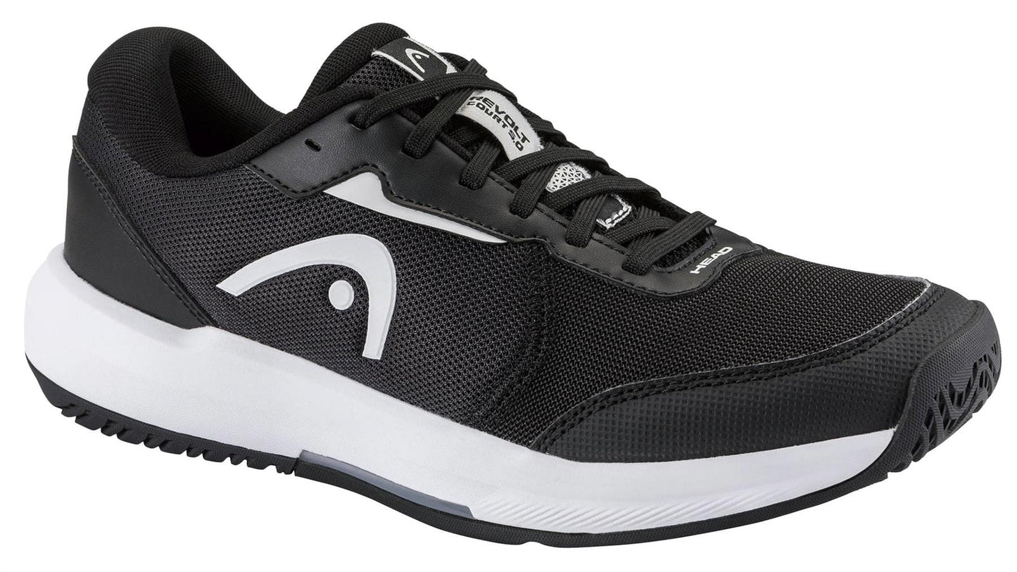 The HEAD Revolt Court 5.0 Mens Tennis Shoes - Black / White combine breathable mesh uppers with a stylish design, offering comfort and performance for men on the court.