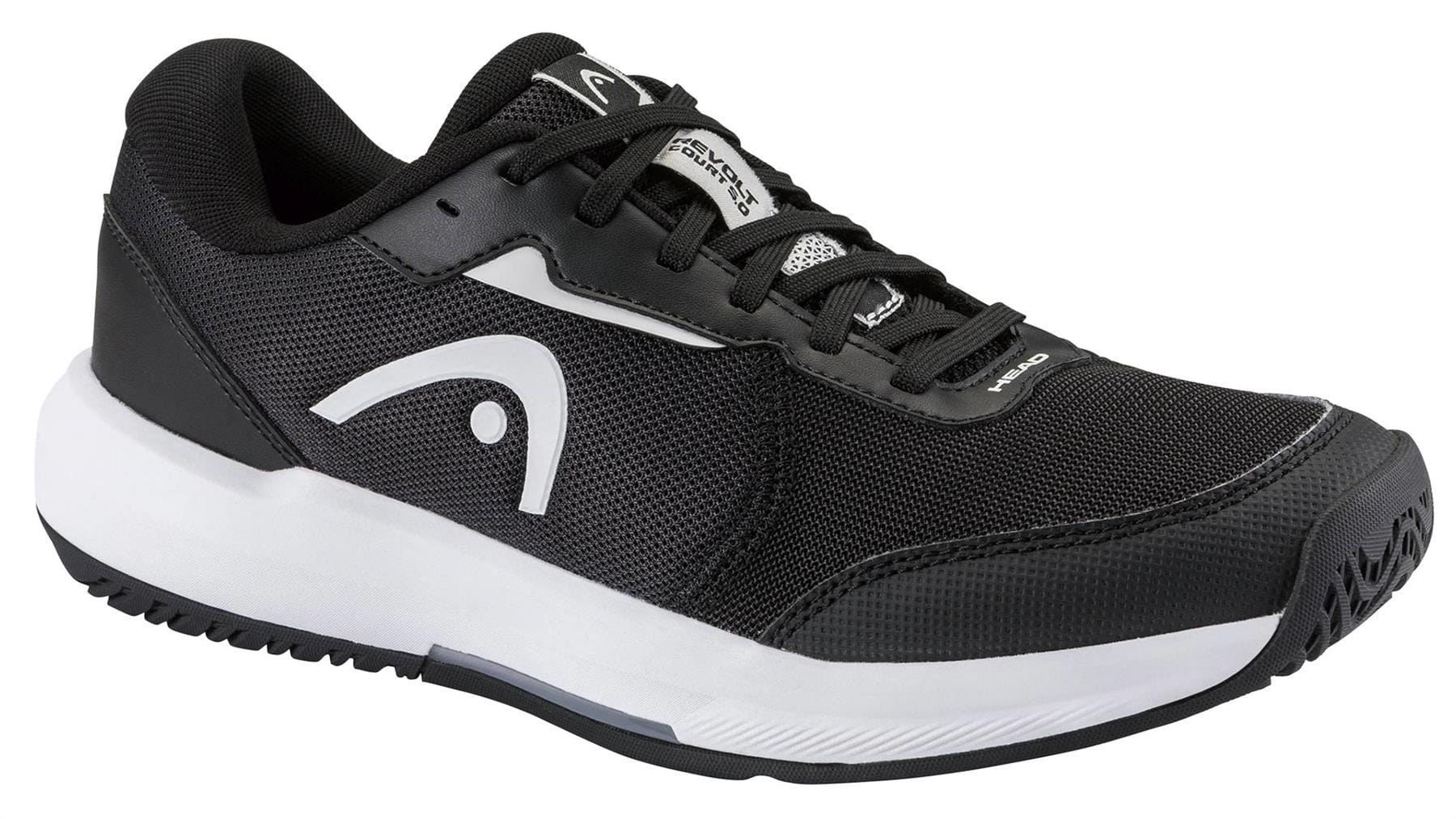The HEAD Revolt Court 5.0 Mens Tennis Shoes - Black / White combine breathable mesh uppers with a stylish design, offering comfort and performance for men on the court.