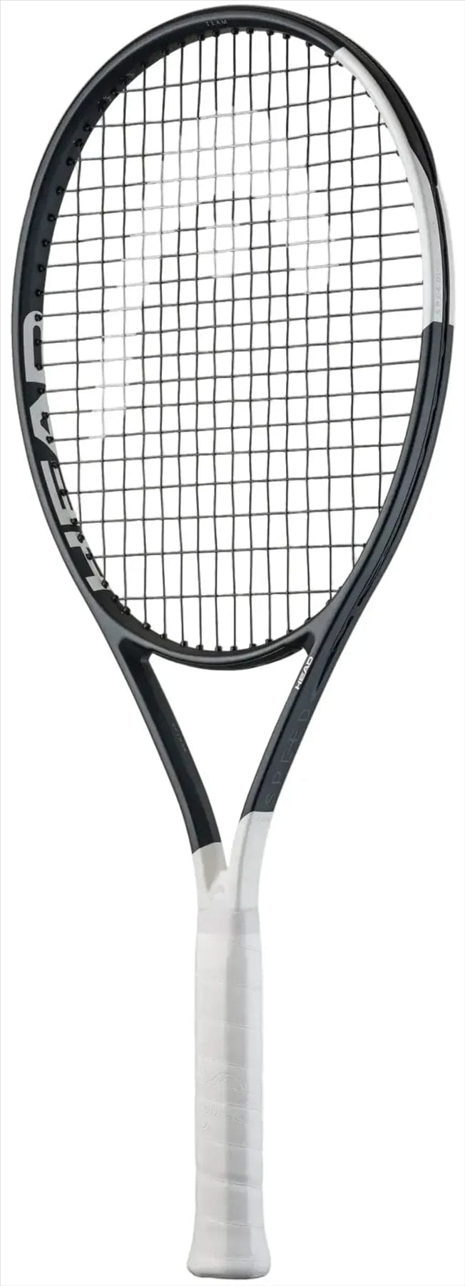 The HEAD Speed Team 2026 Tennis Racket by HEAD, in black and white with a white grip, black frame, and white strings, is displayed against a plain white background.