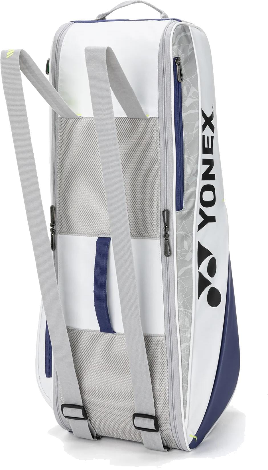 The Yonex BA52526EX Club 6 Racket Tennis Bag in white and blue features side zipper pockets, gray shoulder straps, a mesh back panel, and a blue handle—a durable Yonex bag perfect for carrying your tennis gear.