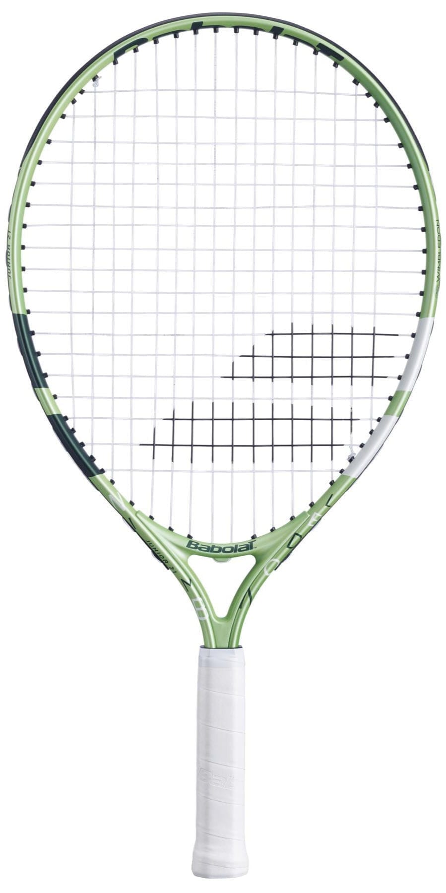 The Babolat Junior 21 Wimbledon 2025 Tennis Racket in Champagne Green features a lightweight aluminum frame, white grip, and stylish diagonal black stripes on the strings—perfect for young players.