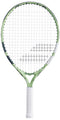 The Babolat Junior 21 Wimbledon 2025 Tennis Racket in Champagne Green features a lightweight aluminum frame, white grip, and stylish diagonal black stripes on the strings—perfect for young players.