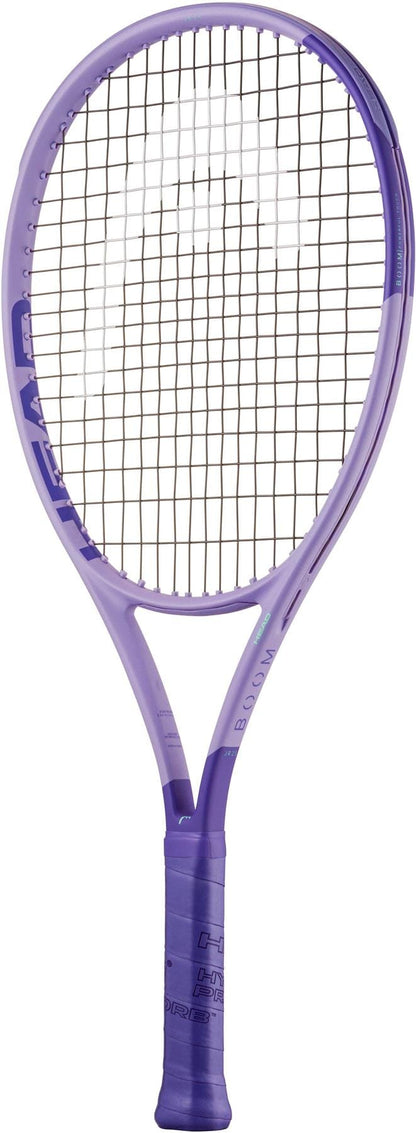 A HEAD Boom Jr 25 Alternate 2026 Junior Tennis Racket in purple, featuring a black string pattern and wrapped grip, is displayed against a white background.