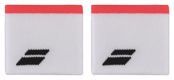 The Babolat Logo Wristbands in White/Strike Red feature two comfortable bands with a red top edge and the iconic Babolat logo of two diagonal lines. Made with a soft, stretchy texture, they provide an absorbent fit ideal for any activity. The wristbands are displayed side by side against a white background.