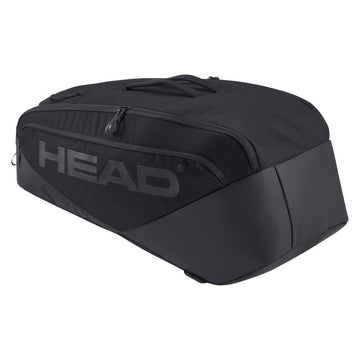 The HEAD Pro X 9 Racket Tennis Racket Bag L - Black offers a sleek design with a roomy main compartment, side zipper pocket, climate control technology, and bold HEAD branding inspired by Novak Djokovic.