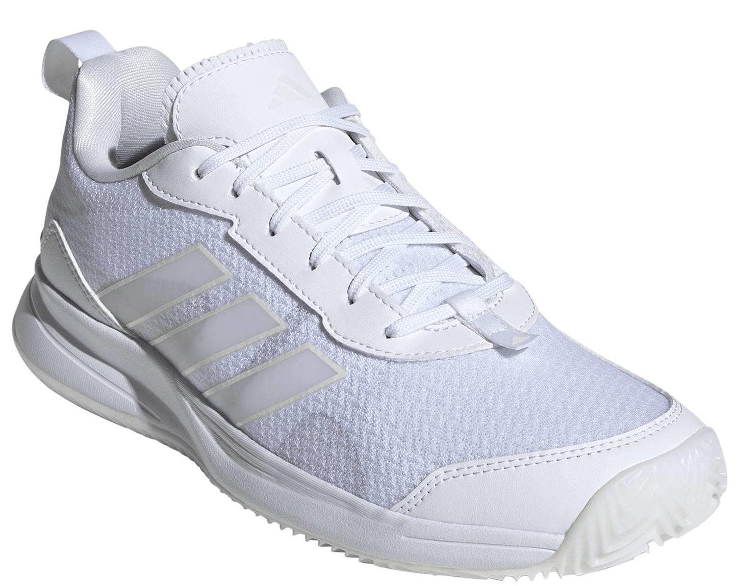 The adidas ADIDAS AvaFlash Women's Tennis Shoes - White feature light gray stripes, textured mesh fabric, a lace-up front, heel pull tab, and a thick patterned sole for top court performance.
