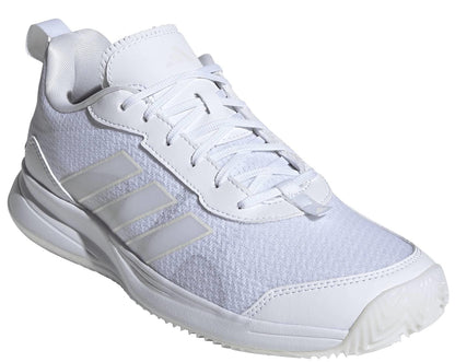The adidas ADIDAS AvaFlash Women's Tennis Shoes - White feature light gray stripes, textured mesh fabric, a lace-up front, heel pull tab, and a thick patterned sole for top court performance.