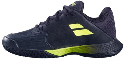 The Babolat Propulse Junior 3 All Court Boys Tennis Shoes in Black/Aero feature a low profile, durable Michelin outsole, and striking yellow accents—ideal for young athletes during training or matches.
