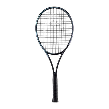 Presenting the HEAD Gravity Team 2023 Tennis Racket in black, a lightweight racket crafted by HEAD featuring advanced Auxetic technology. This elegantly designed tennis racket showcases a grid of strings and a textured handle against a white background.