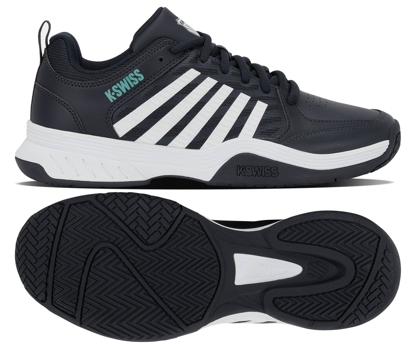 A pair of K-Swiss Court Express 2 Men's Tennis Shoes in Carbon, White, and Baltic is shown from the side and bottom. The side view displays bold white stripes against the dark carbon upper with a teal Baltic logo accent, while the bottom view highlights the black textured sole with its detailed tread pattern. Featuring a cushioned midsole for enhanced comfort, these stylish and functional tennis shoes embody classic K-Swiss design.