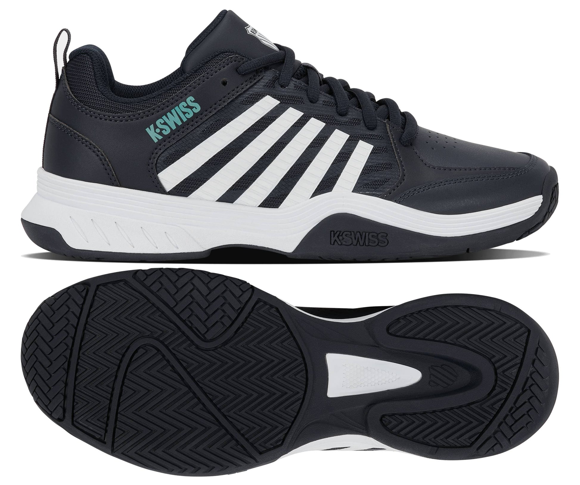 A pair of K-Swiss Court Express 2 Men's Tennis Shoes in Carbon, White, and Baltic is shown from the side and bottom. The side view displays bold white stripes against the dark carbon upper with a teal Baltic logo accent, while the bottom view highlights the black textured sole with its detailed tread pattern. Featuring a cushioned midsole for enhanced comfort, these stylish and functional tennis shoes embody classic K-Swiss design.