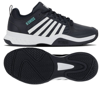 A pair of K-Swiss Court Express 2 Men's Tennis Shoes in Carbon, White, and Baltic is shown from the side and bottom. The side view displays bold white stripes against the dark carbon upper with a teal Baltic logo accent, while the bottom view highlights the black textured sole with its detailed tread pattern. Featuring a cushioned midsole for enhanced comfort, these stylish and functional tennis shoes embody classic K-Swiss design.