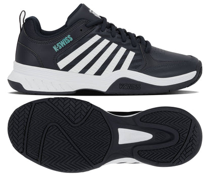 A pair of K-Swiss Court Express 2 Men's Tennis Shoes in Carbon, White, and Baltic is shown from the side and bottom. The side view displays bold white stripes against the dark carbon upper with a teal Baltic logo accent, while the bottom view highlights the black textured sole with its detailed tread pattern. Featuring a cushioned midsole for enhanced comfort, these stylish and functional tennis shoes embody classic K-Swiss design.
