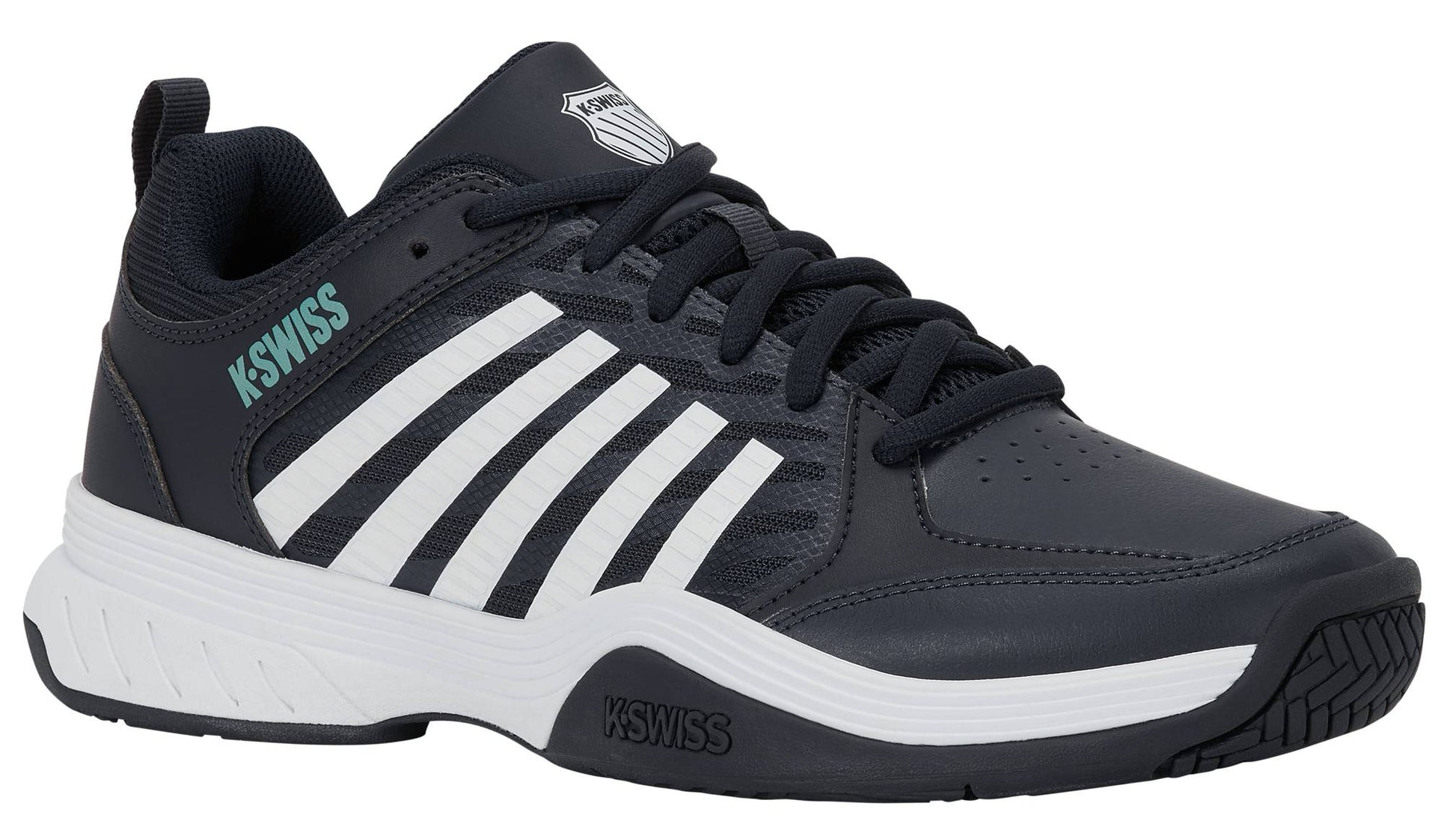 K-Swiss Court Express 2 Men's Tennis Shoes in Carbon, White, and Baltic feature sleek black uppers with white side stripes, teal K-Swiss branding, a perforated toe for breathability, and a cushioned midsole for added comfort. The design includes a white sole with black accents and a black lace-up closure, displayed from the side on a plain white background.