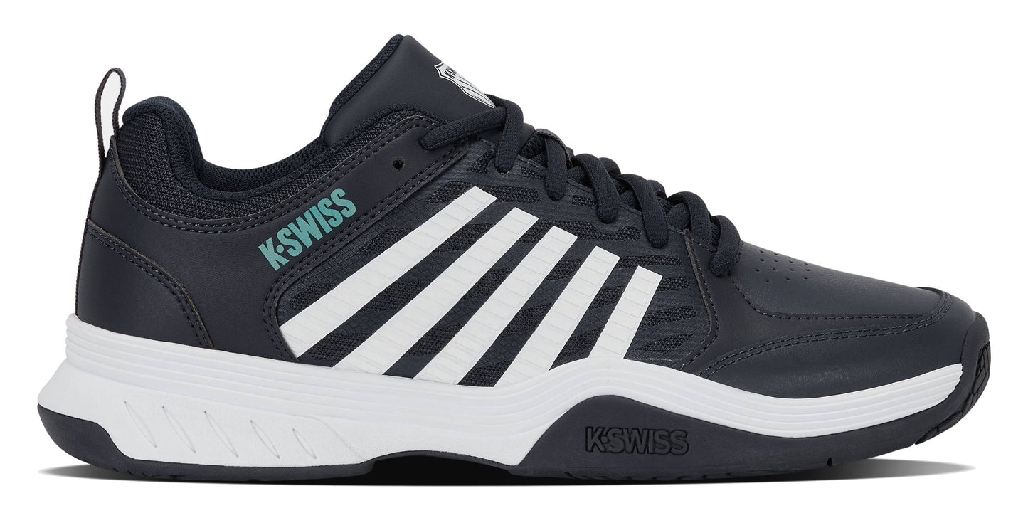 A K-Swiss Court Express 2 Men’s Tennis Shoe in Carbon, White, and Baltic is shown from the left side against a plain white background, featuring white stripes, a cushioned midsole, a white sole, and teal "K-SWISS" text on the side.
