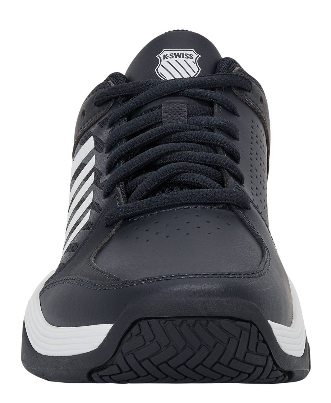 Front view of the K-Swiss Court Express 2 Men's Tennis Shoe in Carbon/White/Baltic, featuring white stripes on the side, a textured black sole, cushioned midsole for enhanced comfort, visible K-Swiss logo on the tongue, and detailed laces.