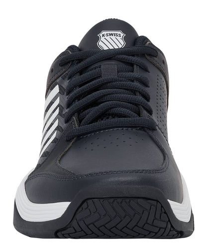 Front view of the K-Swiss Court Express 2 Men's Tennis Shoe in Carbon/White/Baltic, featuring white stripes on the side, a textured black sole, cushioned midsole for enhanced comfort, visible K-Swiss logo on the tongue, and detailed laces.