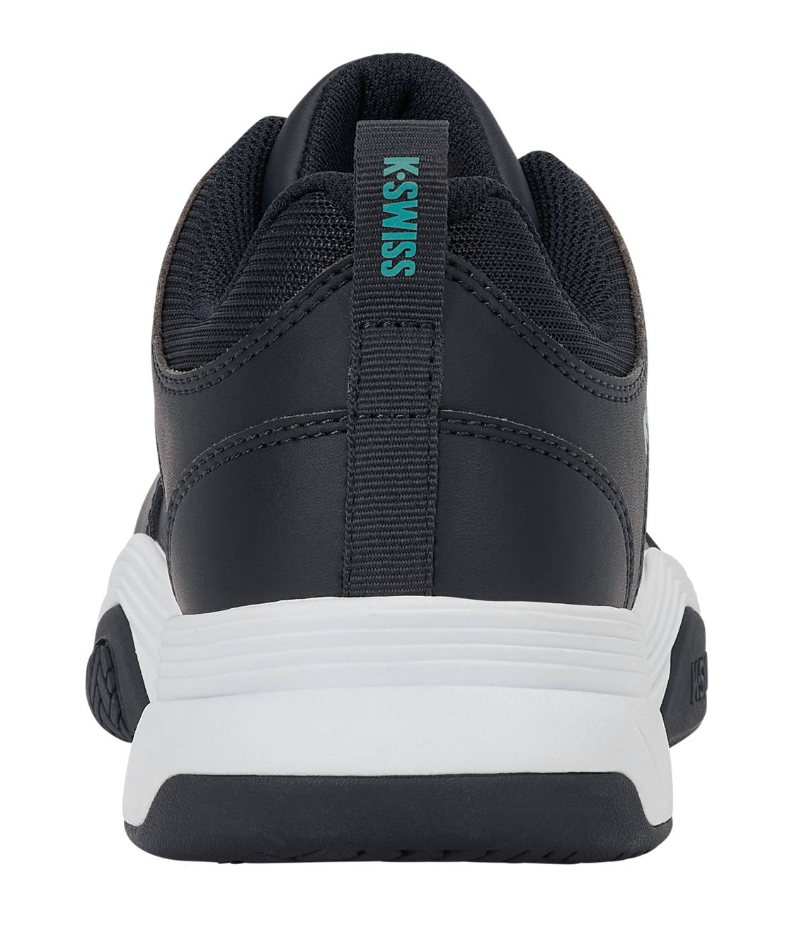 A close-up rear view of the K-Swiss Court Express 2 Men's Tennis Shoe in Carbon/White/Baltic, featuring white cushioned midsoles, black outsoles, and a pull tab with the K-Swiss logo in light blue.
