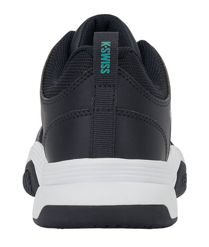 A close-up rear view of the K-Swiss Court Express 2 Men's Tennis Shoe in Carbon/White/Baltic, featuring white cushioned midsoles, black outsoles, and a pull tab with the K-Swiss logo in light blue.