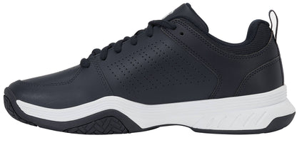 The K-Swiss Court Express 2 Mens Tennis Shoes in Carbon, White, and Baltic feature a sleek black upper with a white sole, black laces, perforated side accents, and a textured outsole pattern. Inspired by classic tennis shoes, these sneakers are equipped with a cushioned midsole for all-day comfort. The shoe is displayed in a side view on a white background.