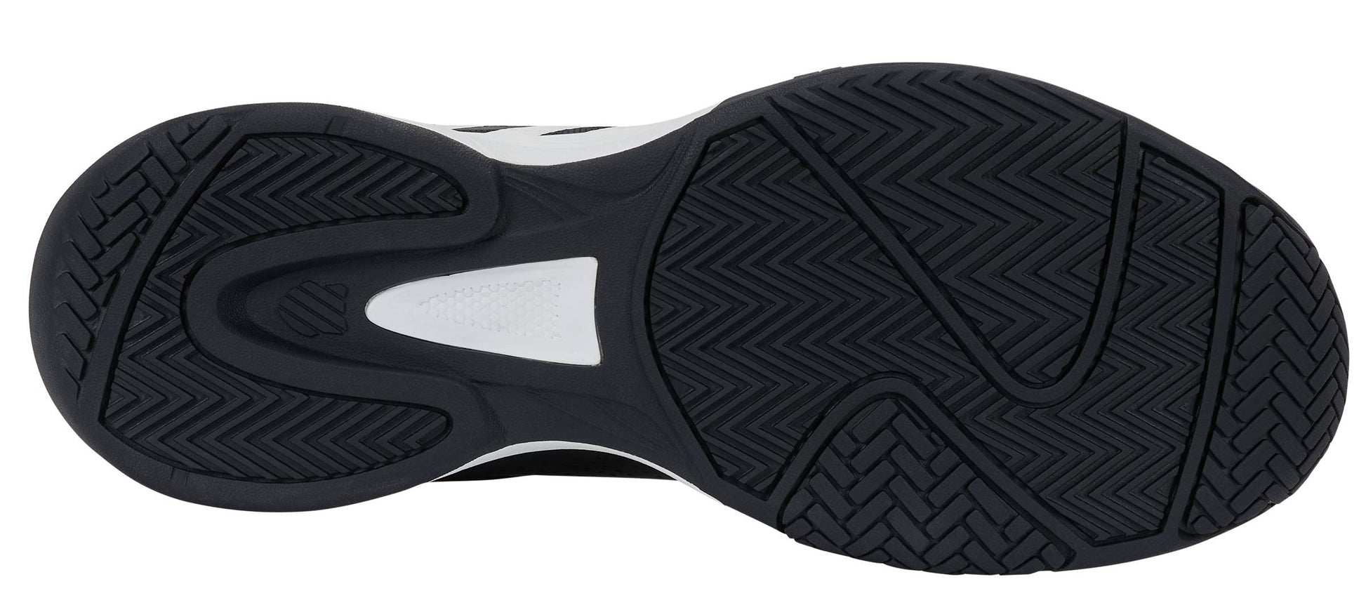 The image displays the black and white outsole of the K-Swiss Court Express 2 Men's Tennis Shoes in Carbon / White / Baltic, featuring a distinctive herringbone tread pattern combined with wavy design elements for optimal grip and traction. This sole is complemented by a cushioned midsole from K-Swiss to enhance comfort during play.