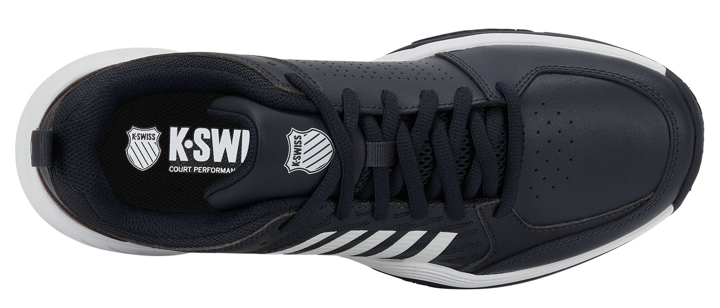 Top view of the K-Swiss Court Express 2 Men's Tennis Shoe in Carbon/White/Baltic, featuring black uppers with white accents, a white K-Swiss logo on the insole, black laces, and a cushioned midsole for added comfort.