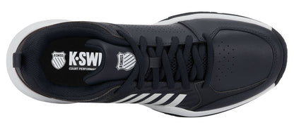 Top view of the K-Swiss Court Express 2 Men's Tennis Shoe in Carbon/White/Baltic, featuring black uppers with white accents, a white K-Swiss logo on the insole, black laces, and a cushioned midsole for added comfort.