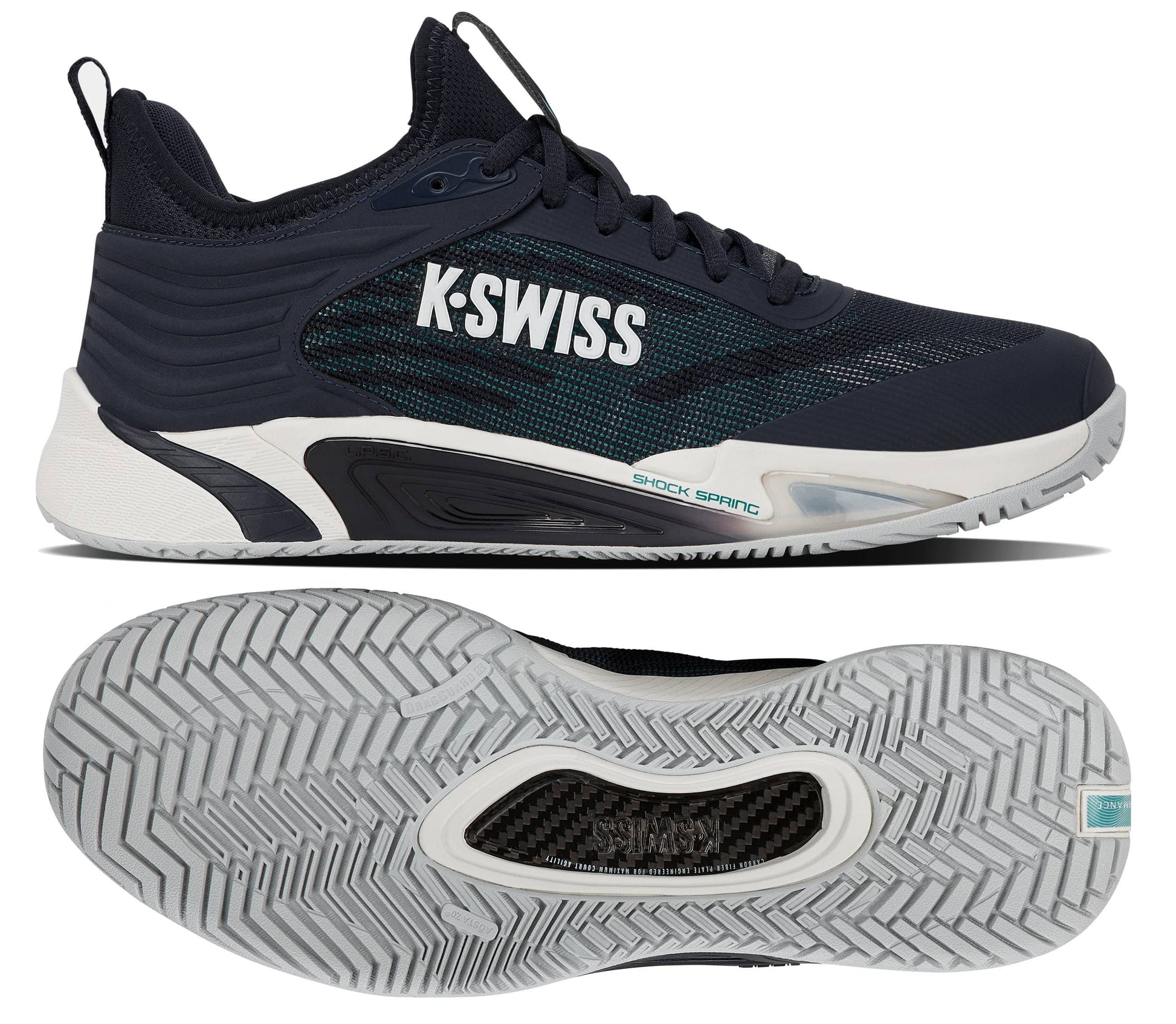 A K-Swiss Hypercourt Pinnacle Men's Tennis Shoe in Carbon, White, and Baltic is shown from the side and bottom, highlighting a white sole with a herringbone pattern and teal accents, as well as distinctive "K-SWISS" branding on the side. Engineered for on-court performance, it features advanced technology such as a carbon fiber plate for increased stability and responsiveness.