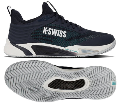 A K-Swiss Hypercourt Pinnacle Men's Tennis Shoe in Carbon, White, and Baltic is shown from the side and bottom, highlighting a white sole with a herringbone pattern and teal accents, as well as distinctive "K-SWISS" branding on the side. Engineered for on-court performance, it features advanced technology such as a carbon fiber plate for increased stability and responsiveness.