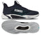 A K-Swiss Hypercourt Pinnacle Men's Tennis Shoe in Carbon, White, and Baltic is shown from the side and bottom, highlighting a white sole with a herringbone pattern and teal accents, as well as distinctive "K-SWISS" branding on the side. Engineered for on-court performance, it features advanced technology such as a carbon fiber plate for increased stability and responsiveness.